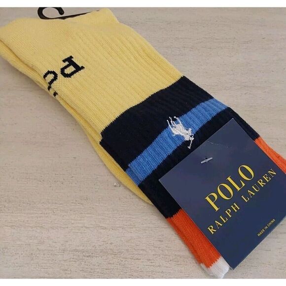 Polo Ralph Lauren Mens Cotton Crew Socks Signature Yellow Navy Striped Sz 10-13 - Picture 5 of 9